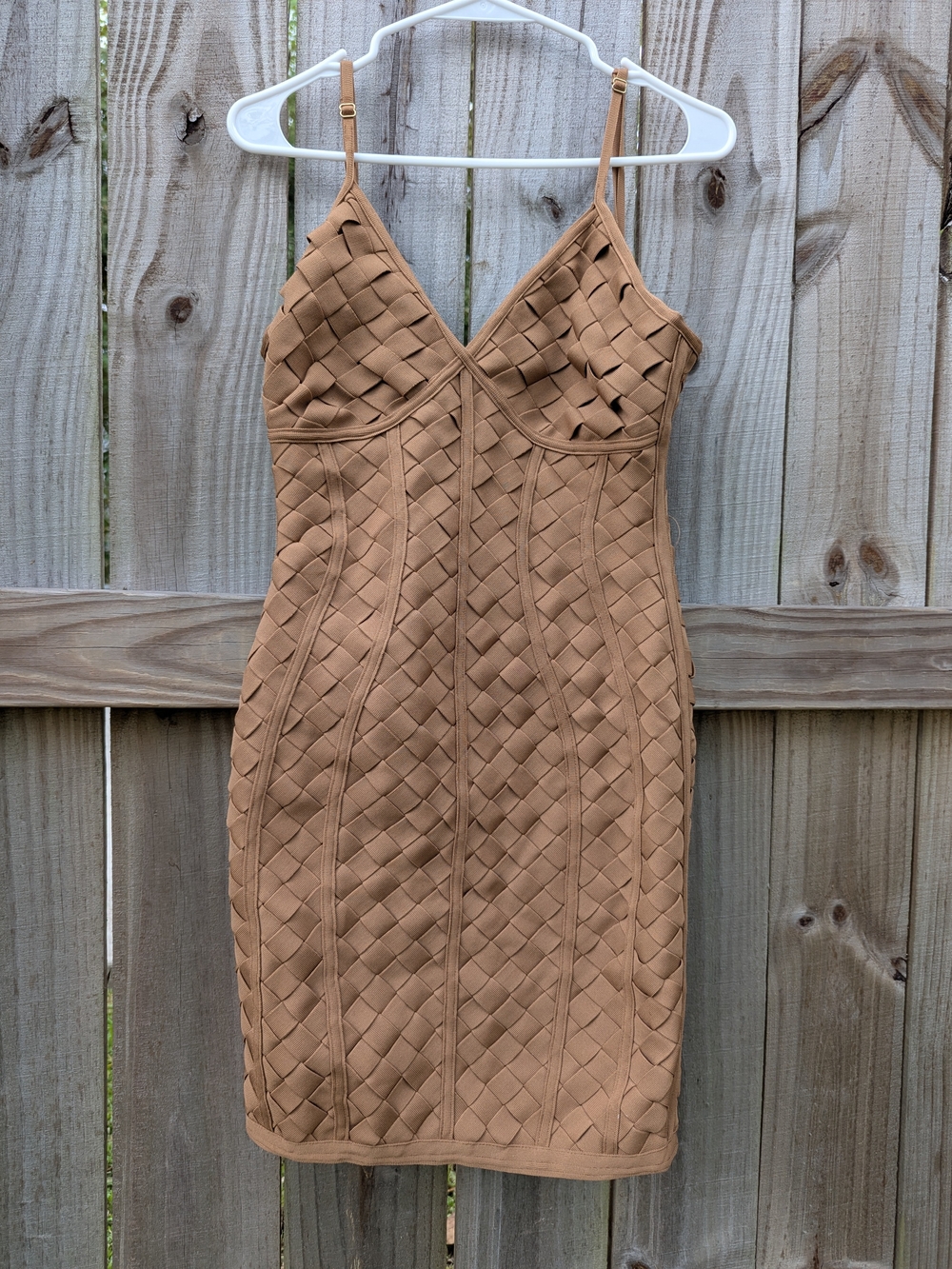 Fashion Nova Woven Bodycon Mini Dress in Tan